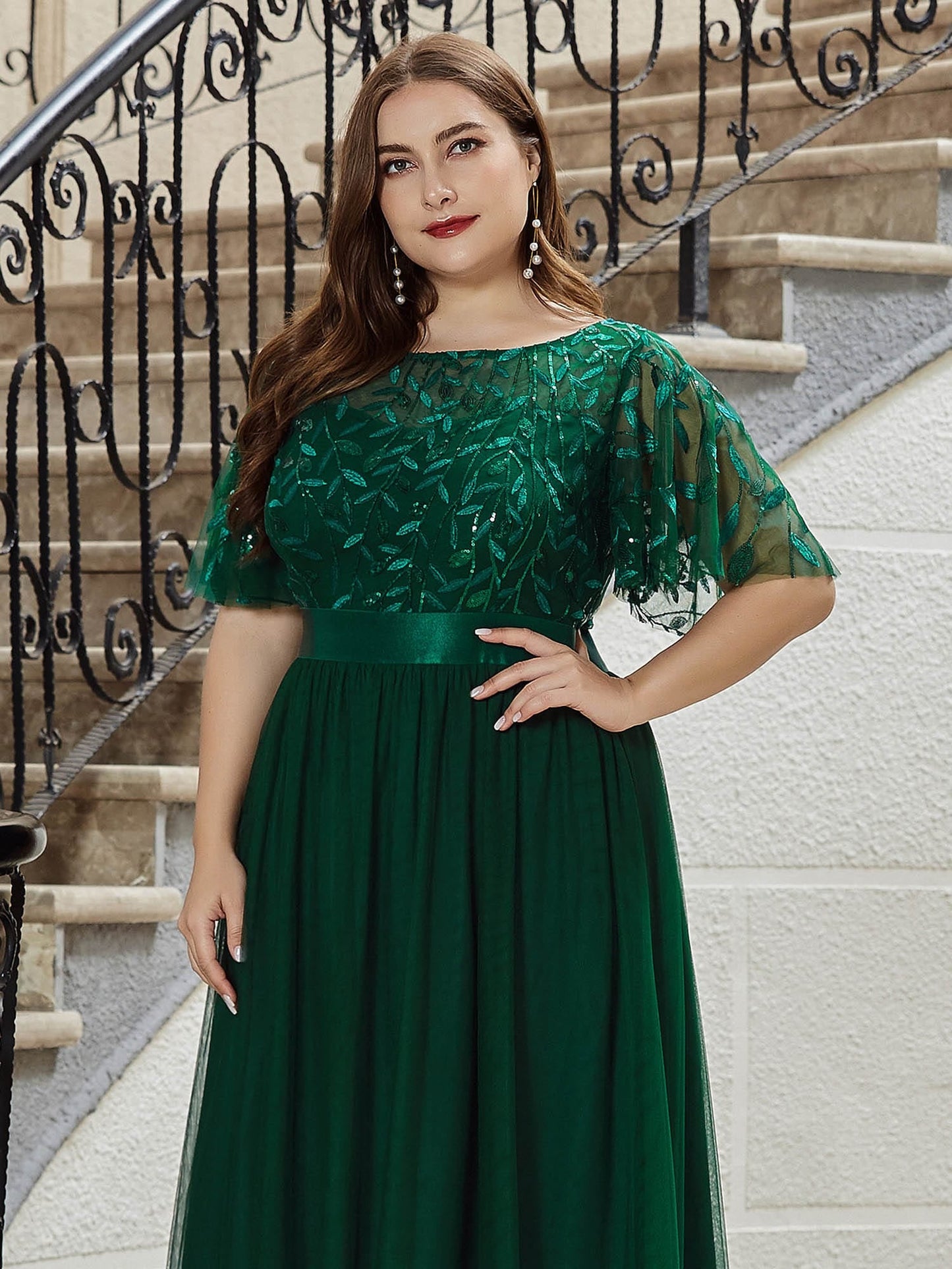 Custom Size Women's A-Line Sequin Leaf Maxi Prom Dress with Sleeves #color_Dark Green