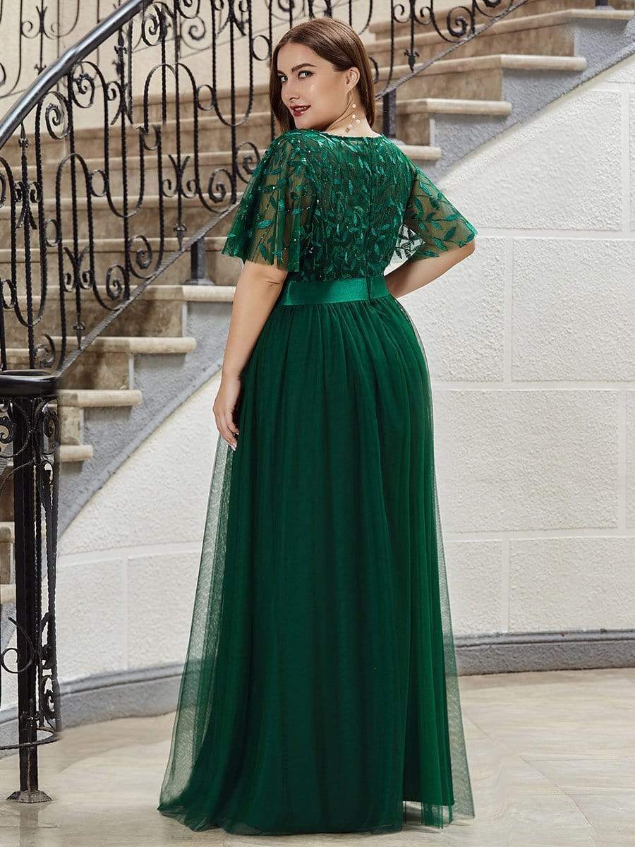 Custom Size Women's A-Line Sequin Leaf Maxi Prom Dress with Sleeves #color_Dark Green