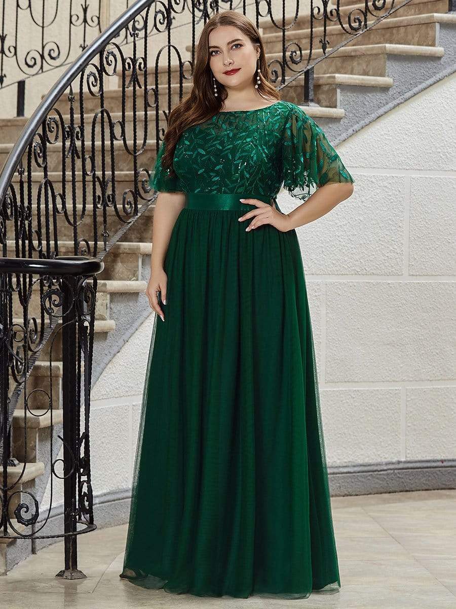 Custom Size Women's A-Line Sequin Leaf Maxi Prom Dress with Sleeves #color_Dark Green