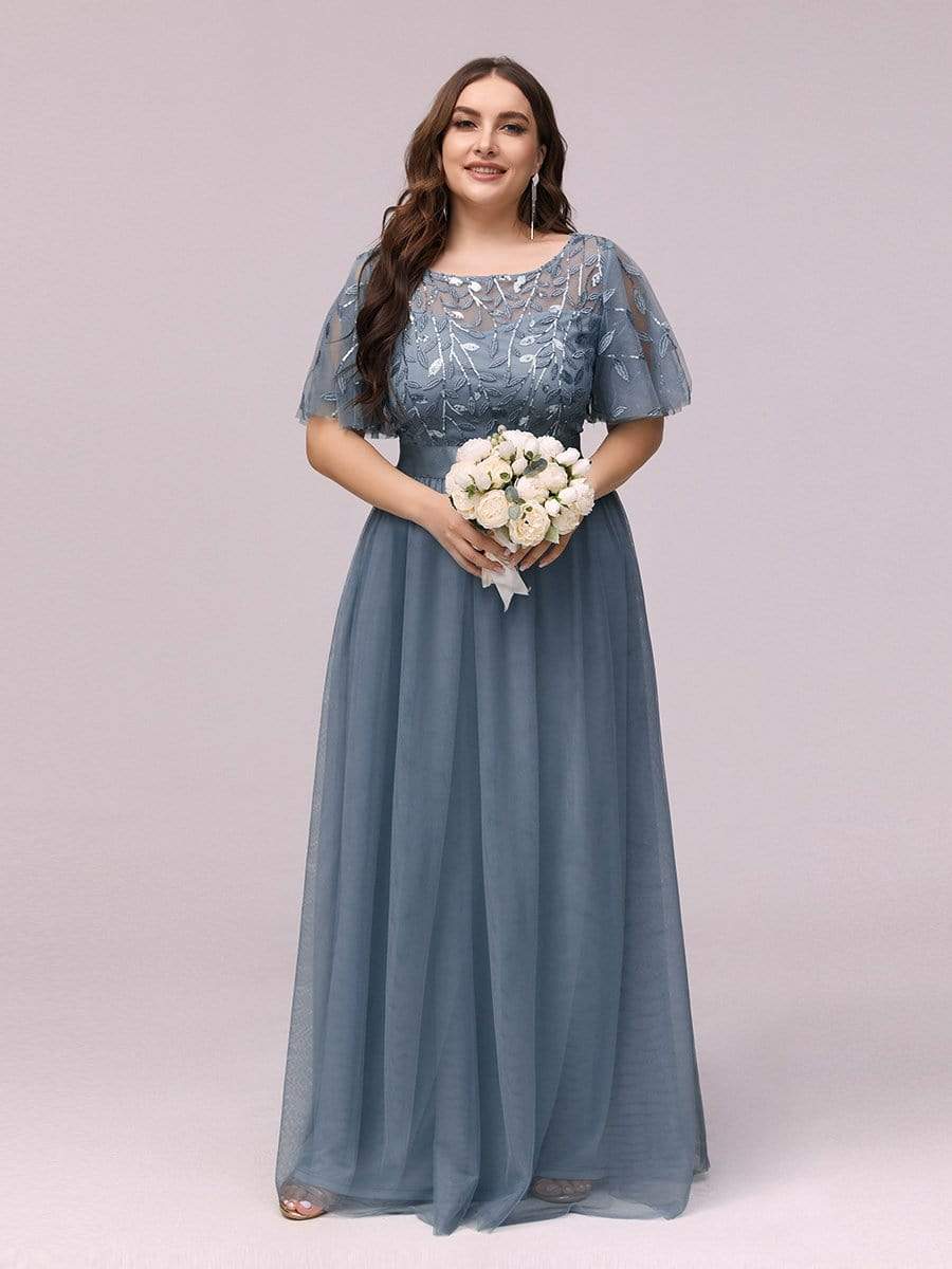 Custom Size Women's A-Line Sequin Leaf Maxi Prom Dress with Sleeves #color_Dusty Navy