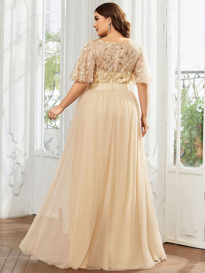 Plus Size Sequin Bodice Long Formal Evening Dresses #color_Gold