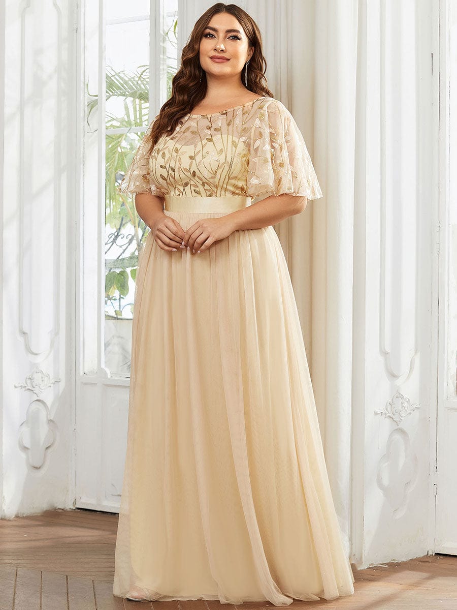 Plus Size Sequin Bodice Long Formal Evening Dresses #color_Gold