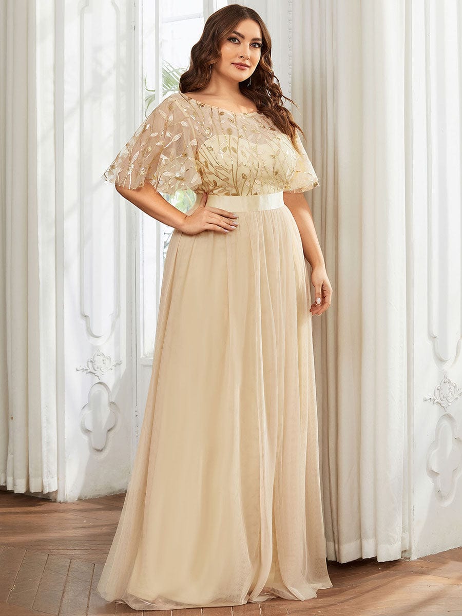 Plus Size Sequin Bodice Long Formal Evening Dresses #color_Gold