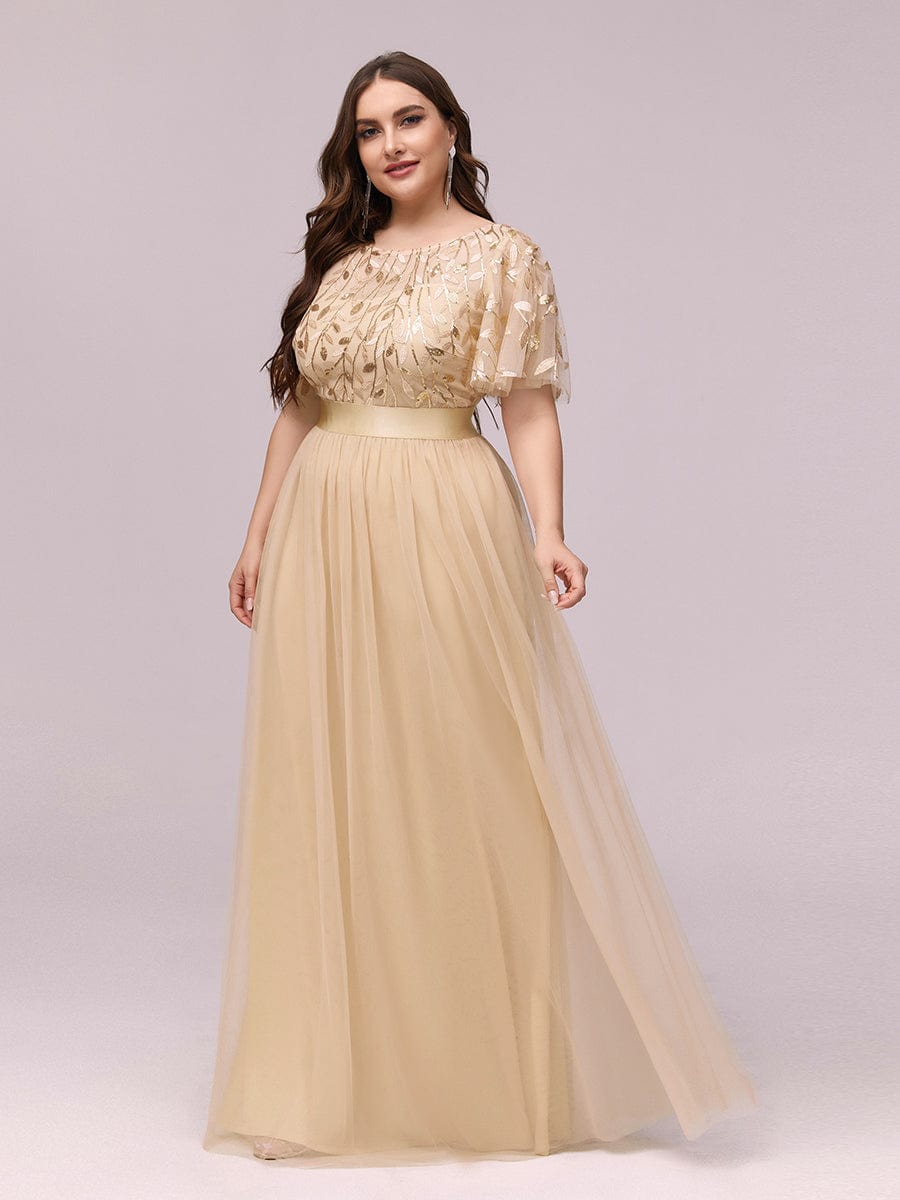 Custom Size Women's A-Line Sequin Leaf Maxi Prom Dress with Sleeves #color_Gold