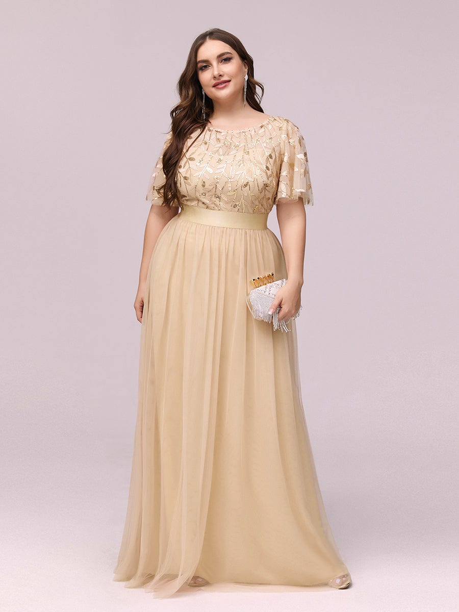 Custom Size Women's A-Line Sequin Leaf Maxi Prom Dress with Sleeves #color_Gold