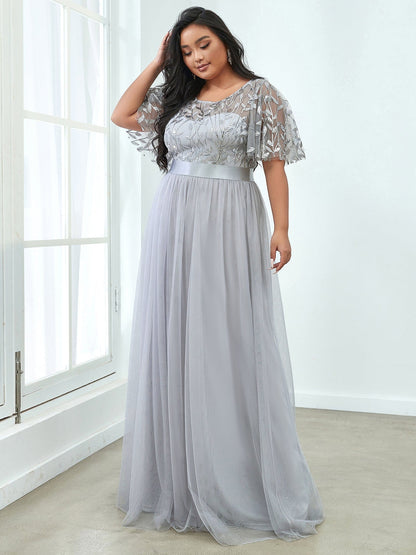 Custom Size Women's A-Line Sequin Leaf Maxi Prom Dress with Sleeves #color_Grey