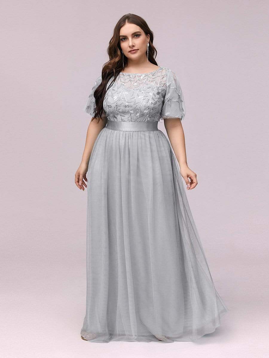 Plus Size Sequin Bodice Long Formal Evening Dresses #color_Grey 