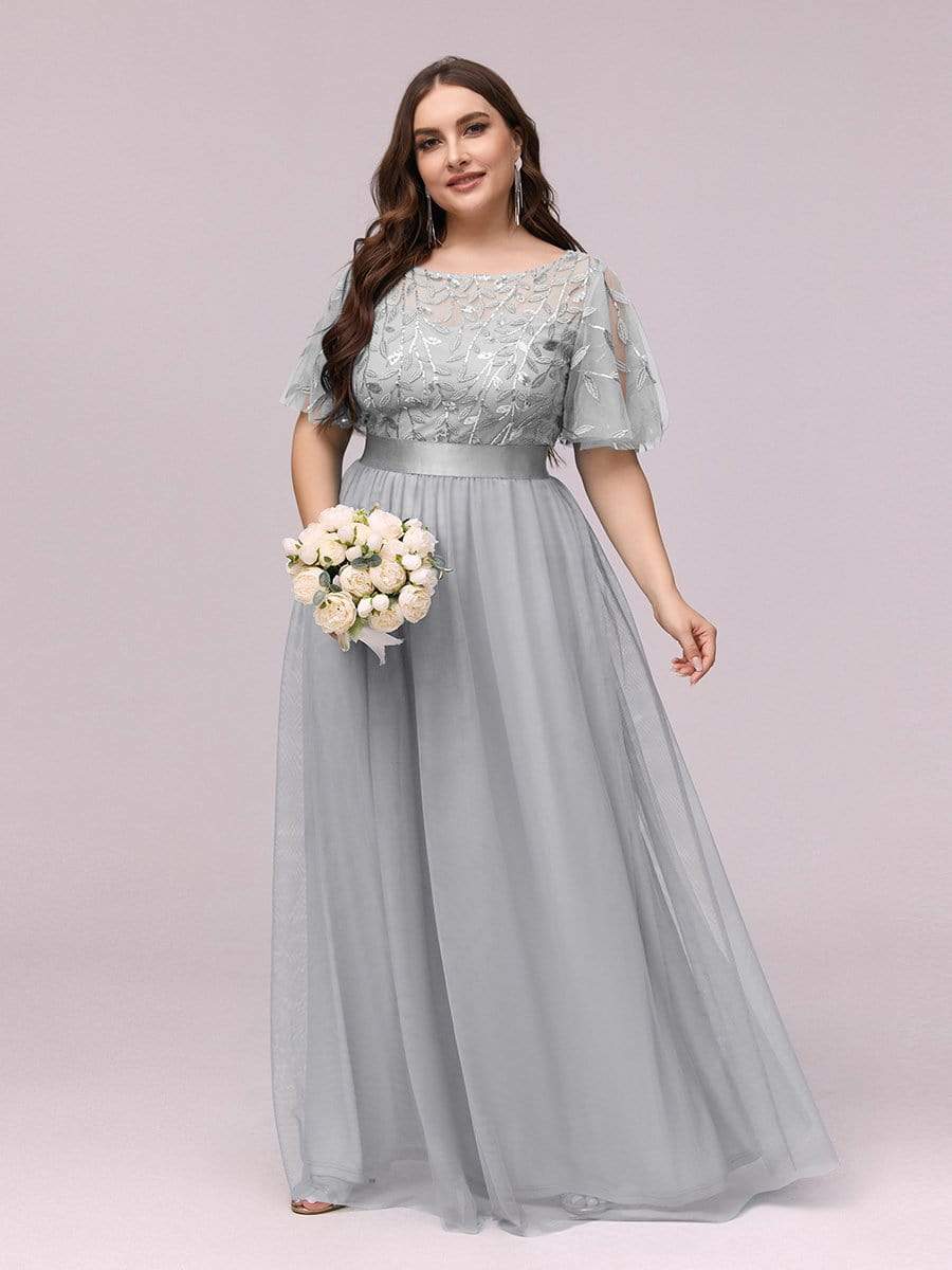 Custom Size Women's A-Line Sequin Leaf Maxi Prom Dress with Sleeves #color_Grey