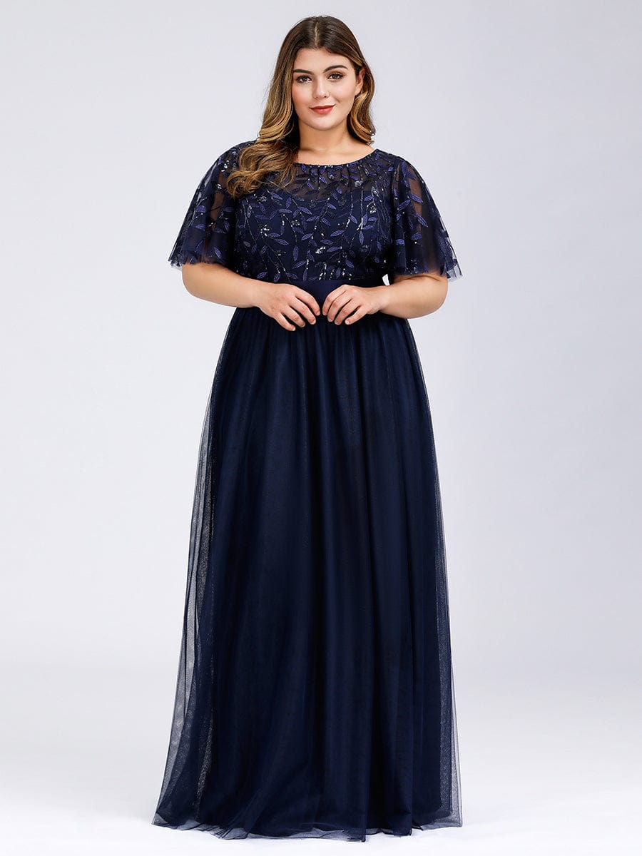 Custom Size Women's A-Line Sequin Leaf Maxi Prom Dress with Sleeves #color_Navy Blue