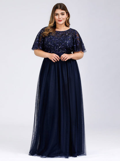 Custom Size Women's A-Line Sequin Leaf Maxi Prom Dress with Sleeves #color_Navy Blue