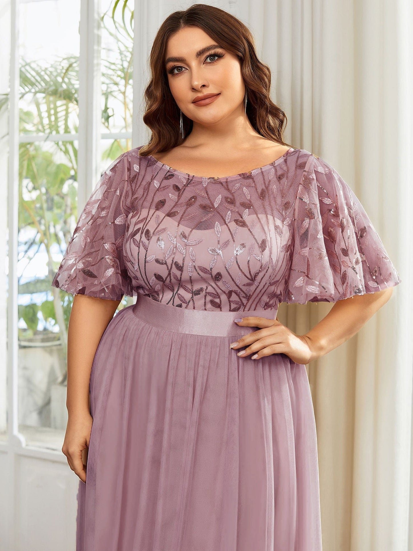 Plus Size Sequin Bodice Long Formal Evening Dresses #color_Purple Orchid