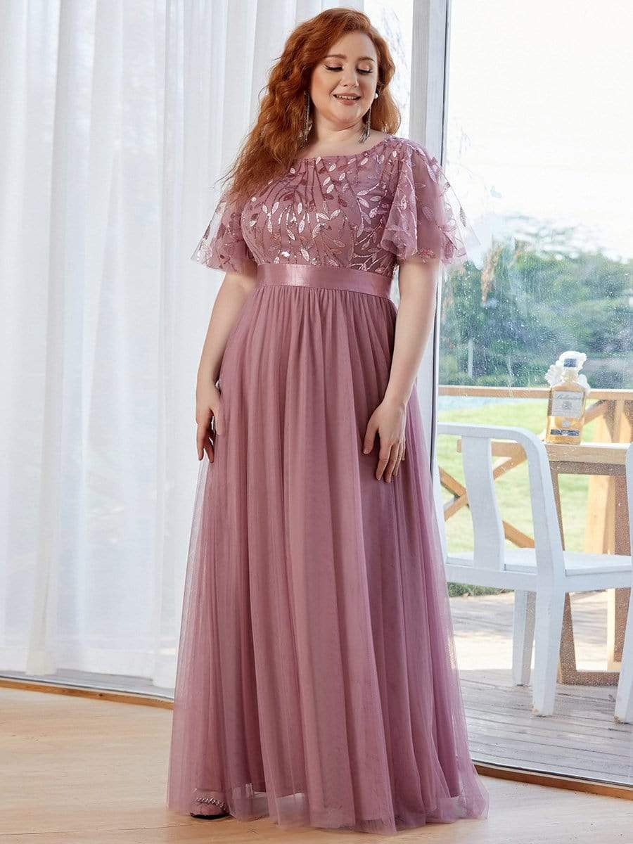 Plus Size Sequin Bodice Long Formal Evening Dresses #color_Purple Orchid 