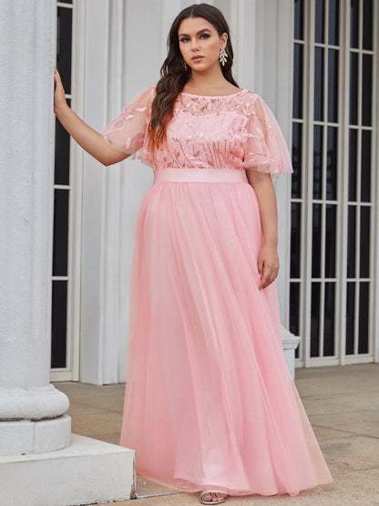 Custom Size Women's A-Line Sequin Leaf Maxi Prom Dress with Sleeves #color_Pink