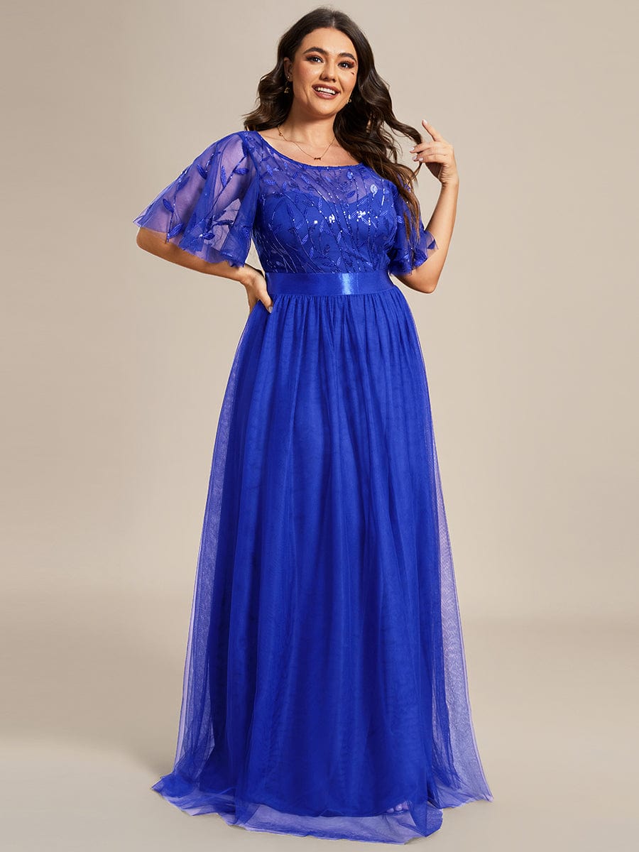 Custom Size Women's A-Line Sequin Leaf Maxi Prom Dress with Sleeves #color_Sapphire Blue