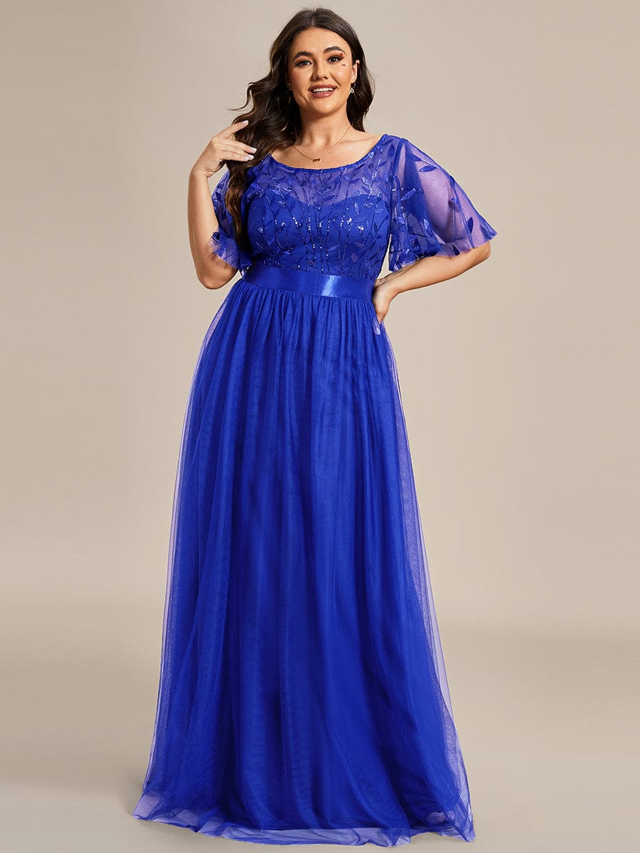 Custom Size Women's A-Line Sequin Leaf Maxi Prom Dress with Sleeves #color_Sapphire Blue