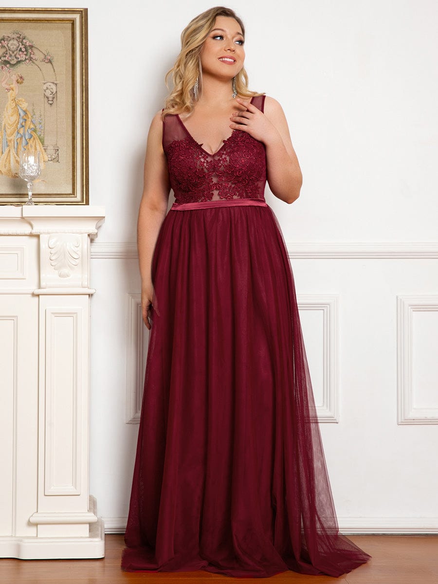 Custom Size A-Line V-Neck Floral Lace Appliques Bridesmaid Dress #color_Burgundy