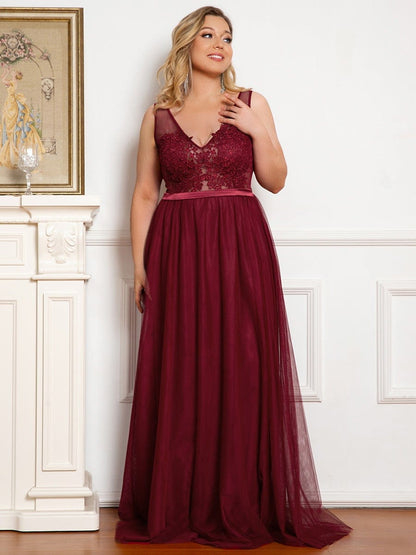 Soft Spaghetti Straps V-Neck Embroidery Evening Dress #color_Burgundy 