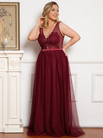 Custom Size A-Line V-Neck Floral Lace Appliques Bridesmaid Dress #color_Burgundy