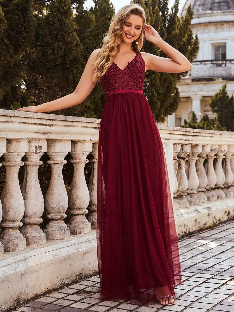 Soft Spaghetti Straps V-Neck Embroidery Evening Dress #color_Burgundy 