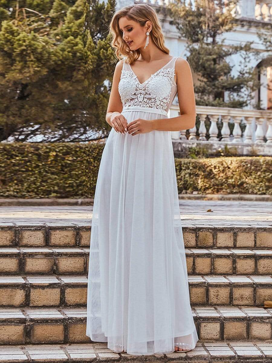 Soft Spaghetti Straps V-Neck Embroidery Evening Dress #color_Cream 