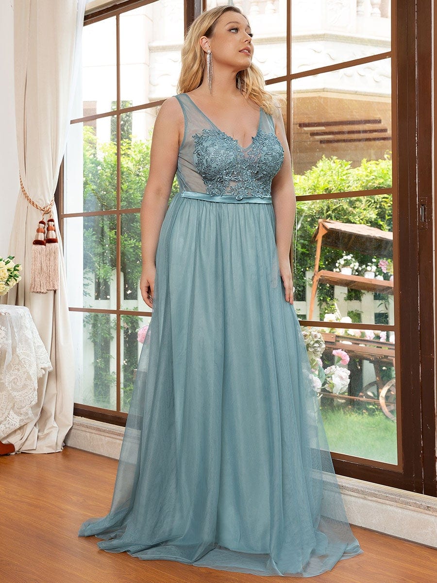 Soft Spaghetti Straps V-Neck Embroidery Evening Dress #color_Dusty Blue 