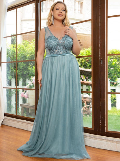 Soft Spaghetti Straps V-Neck Embroidery Evening Dress #color_Dusty Blue 