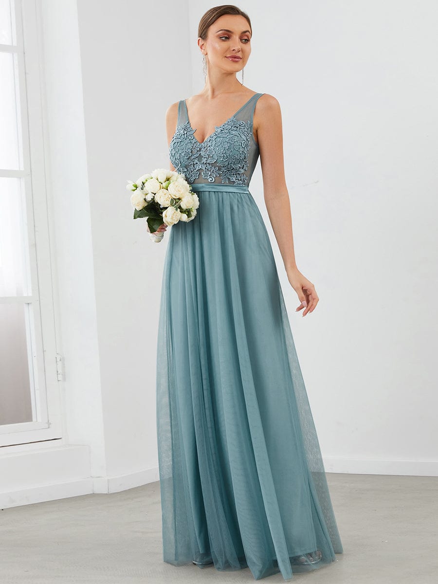 Soft Spaghetti Straps V-Neck Embroidery Evening Dress #color_Dusty Blue