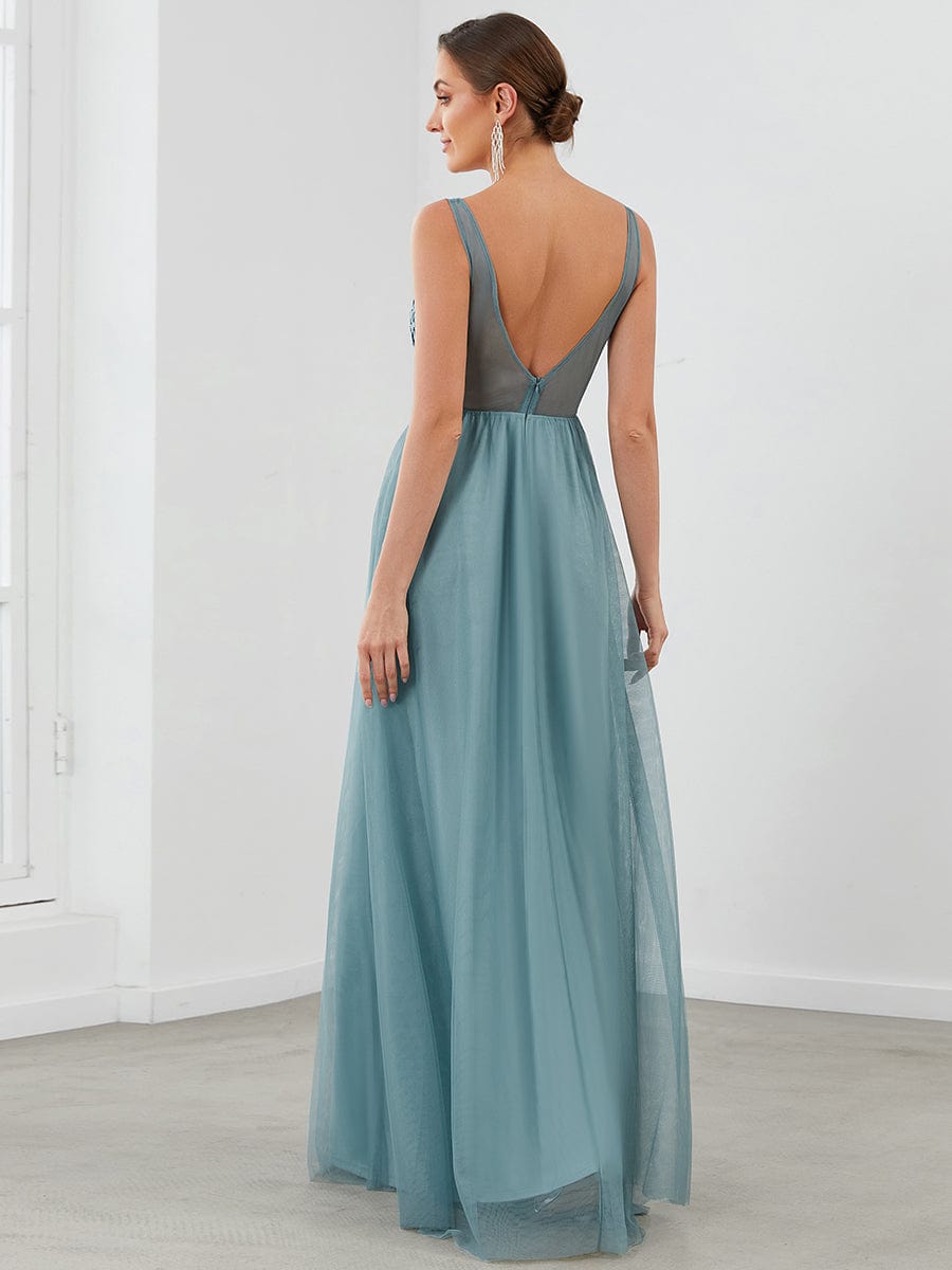 Soft Spaghetti Straps V-Neck Embroidery Evening Dress #color_Dusty Blue