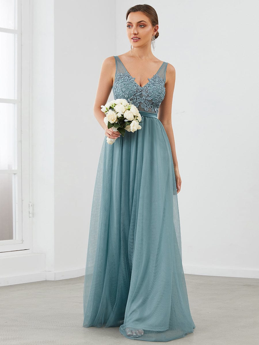 Soft Spaghetti Straps V-Neck Embroidery Evening Dress #color_Dusty Blue