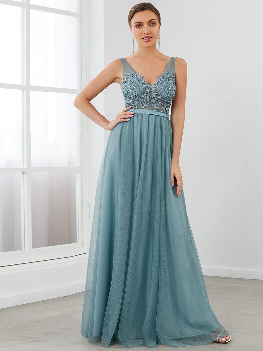 Soft Spaghetti Straps V-Neck Embroidery Evening Dress #color_Dusty Blue