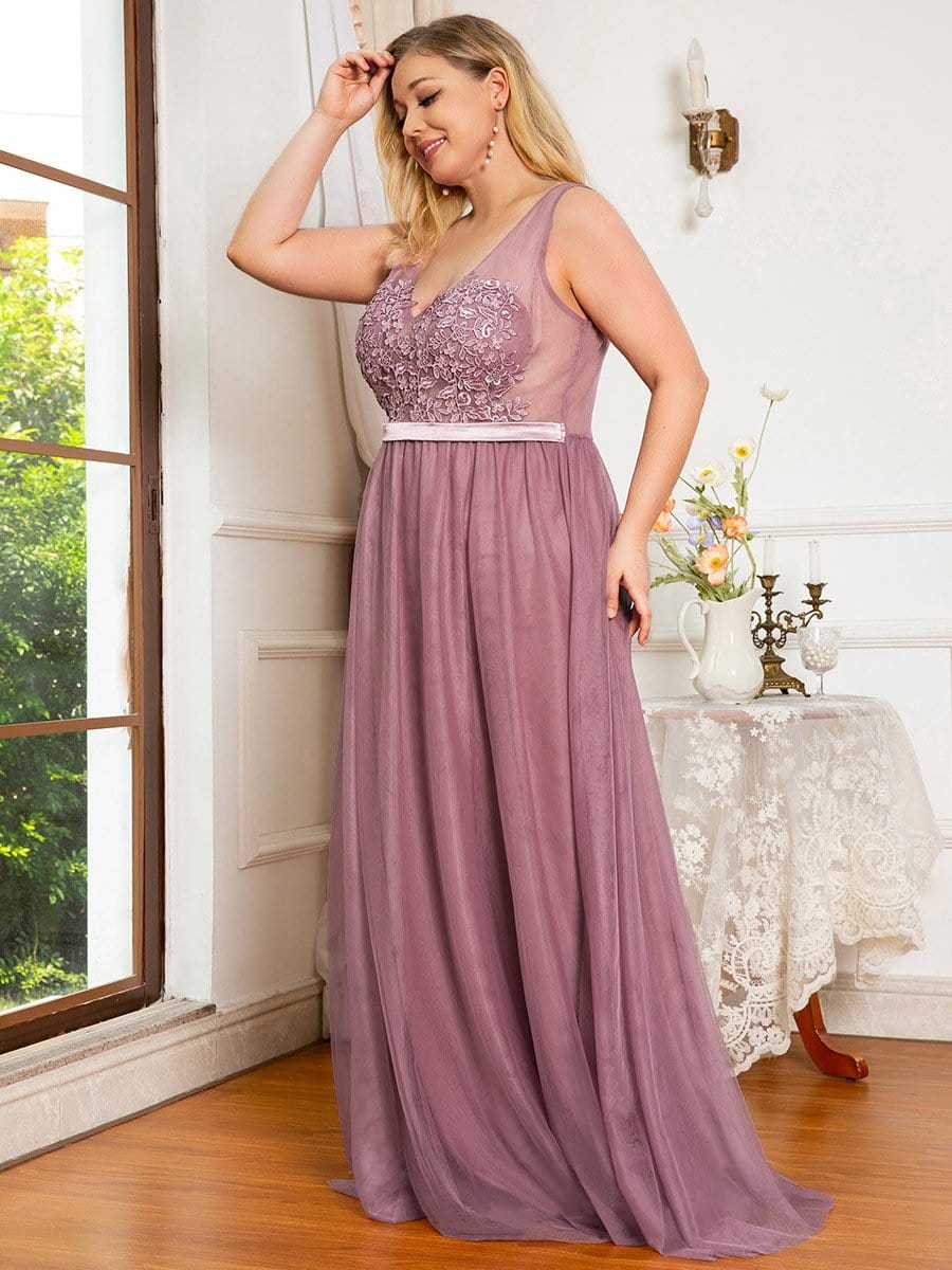 Soft Spaghetti Straps V-Neck Embroidery Evening Dress #color_Purple Orchid 