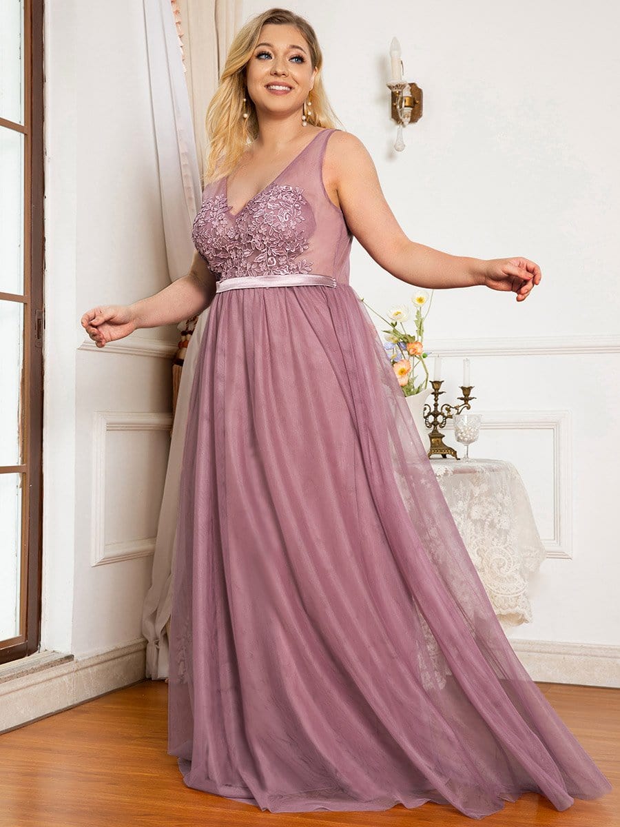 Soft Spaghetti Straps V-Neck Embroidery Evening Dress #color_Purple Orchid 