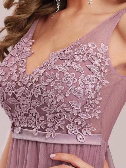 Soft Spaghetti Straps V-Neck Embroidery Evening Dress #color_Purple Orchid 