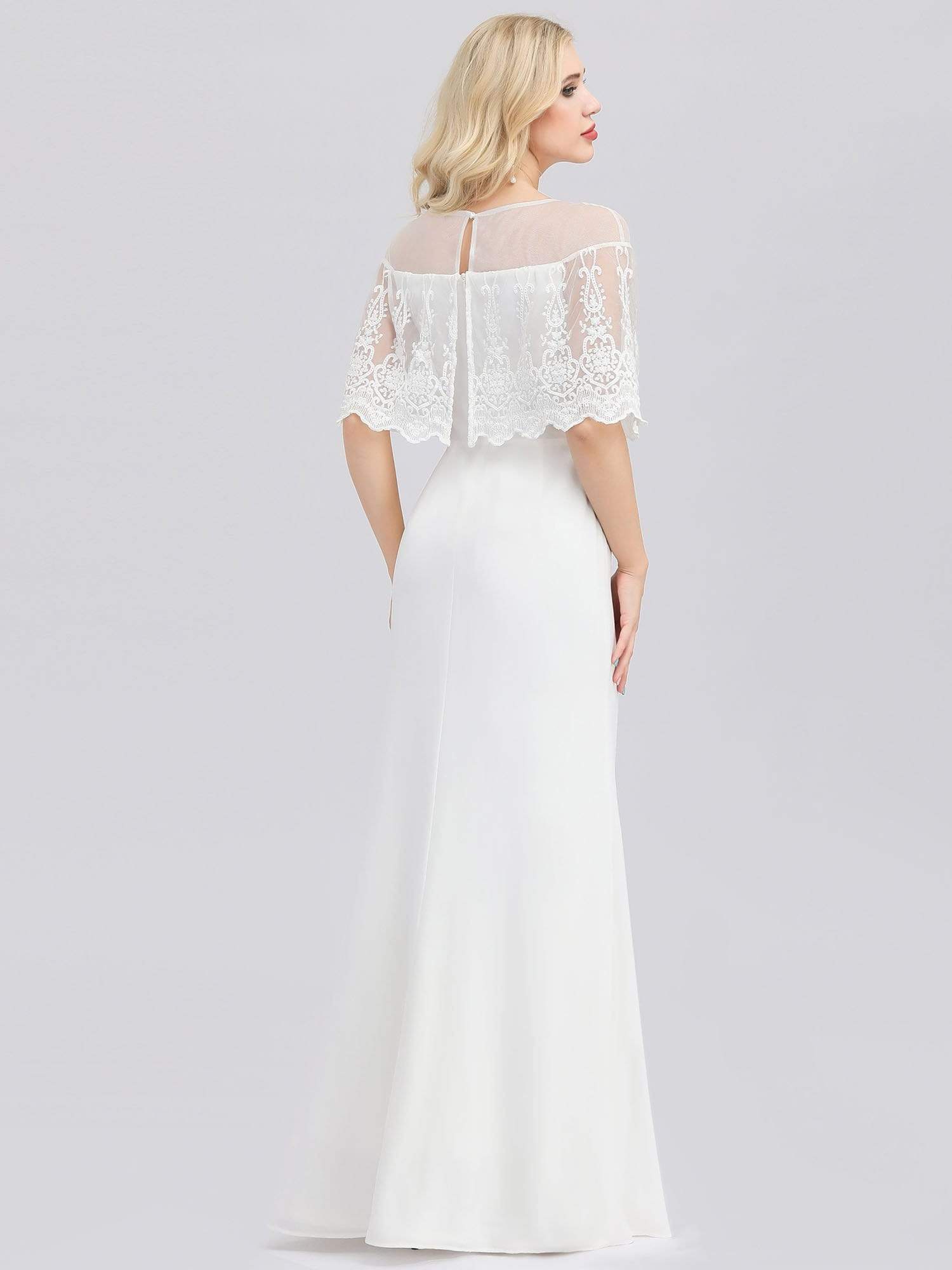 COLOR=White | Women'S Sweetheart Illusion Ruffle Sleeves Floor-Length Wedding Dress-White 5