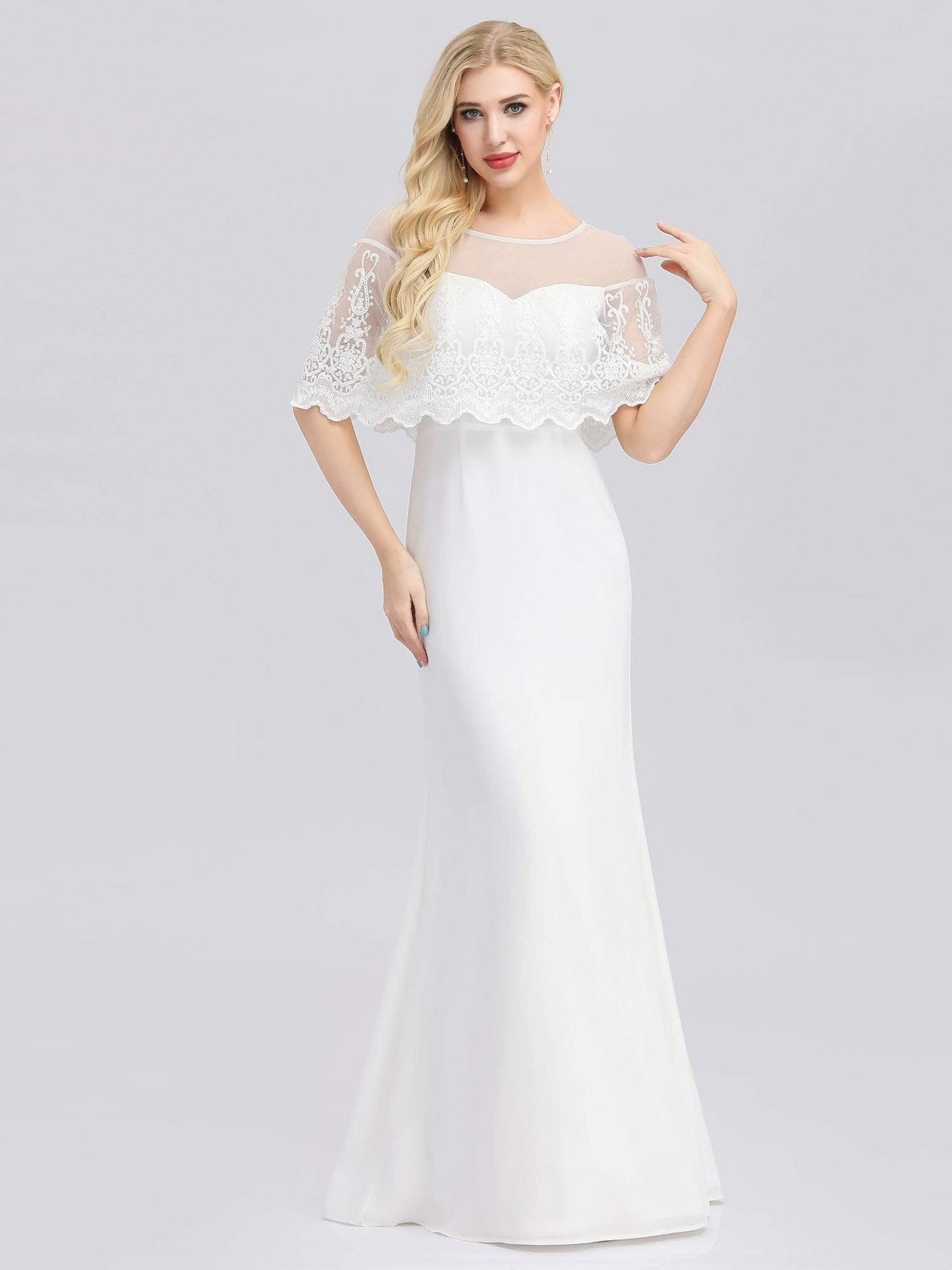 COLOR=White | Women'S Sweetheart Illusion Ruffle Sleeves Floor-Length Wedding Dress-White 2