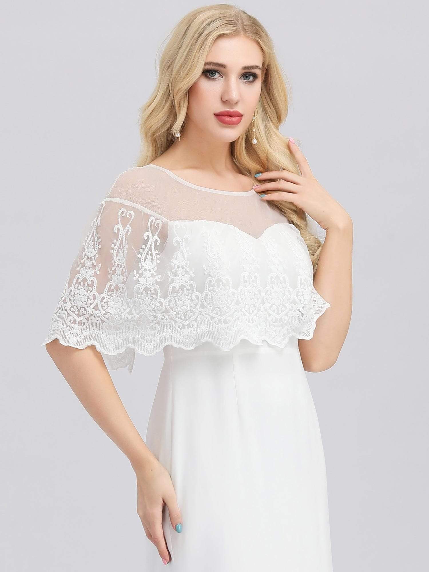 COLOR=White | Women'S Sweetheart Illusion Ruffle Sleeves Floor-Length Wedding Dress-White 4