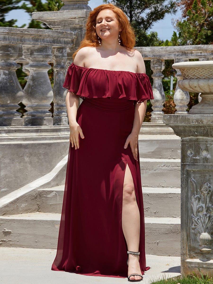 Custom Size Chiffon Ruffle Off Shoulder Thigh Split Bridesmaid Dresses #color_Burgundy