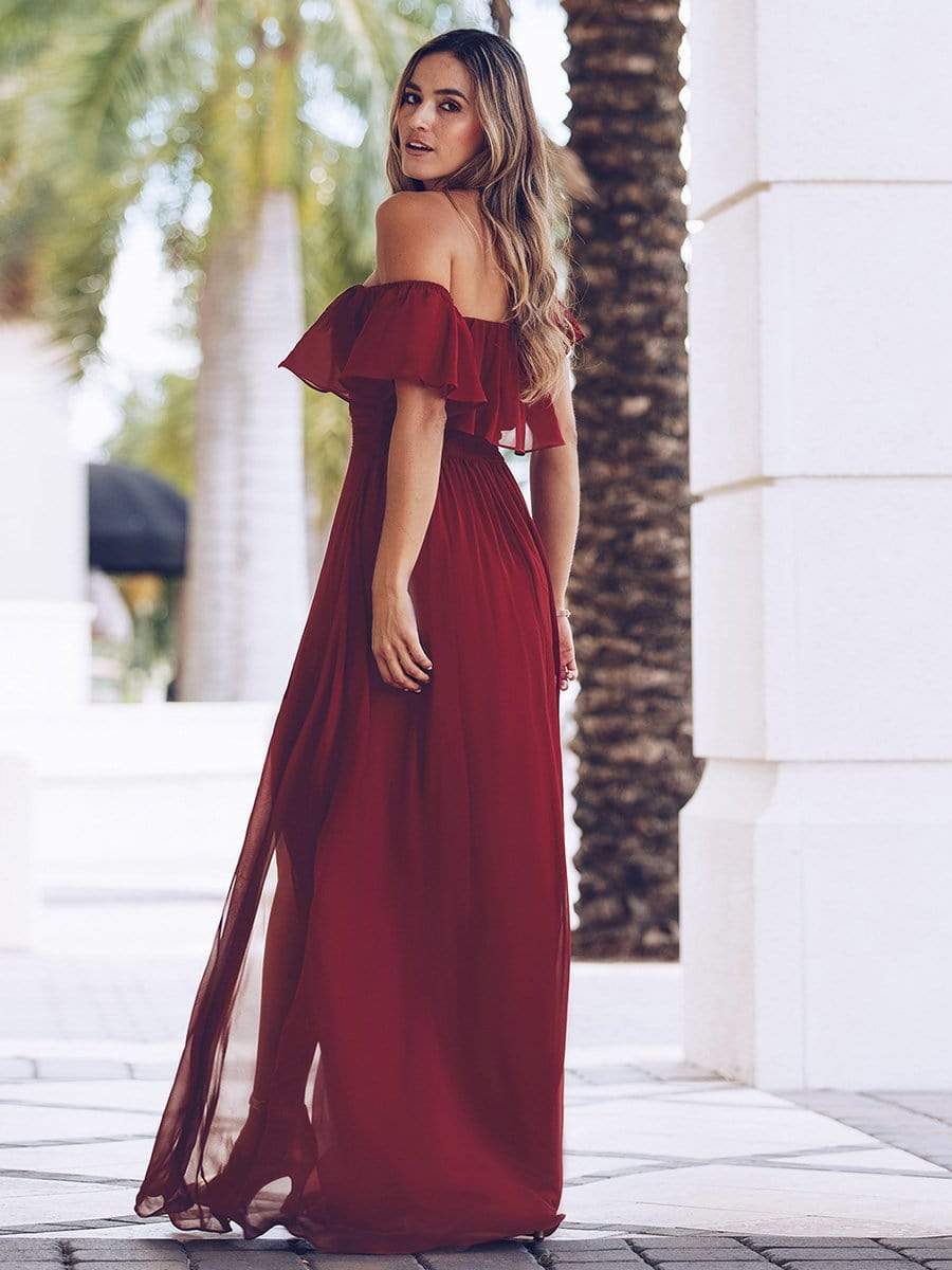 Women's Off Shoulder Ruffle Thigh Split Bridesmaid Dresses #Color_Burgundy