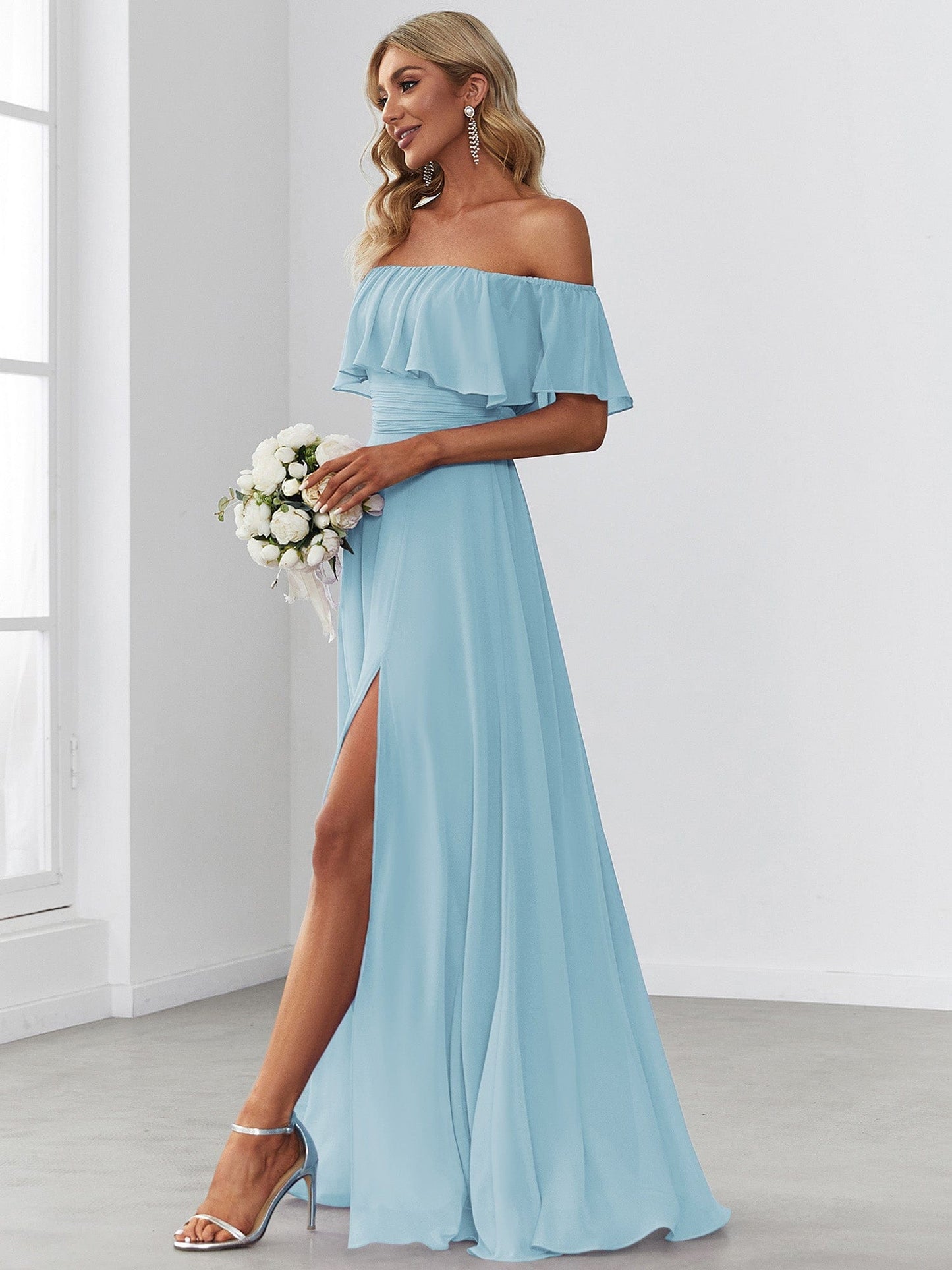 Ruffle Off-Shoulder Side Slit Long Chiffon Bridesmaid Dress #Color_Sky Blue