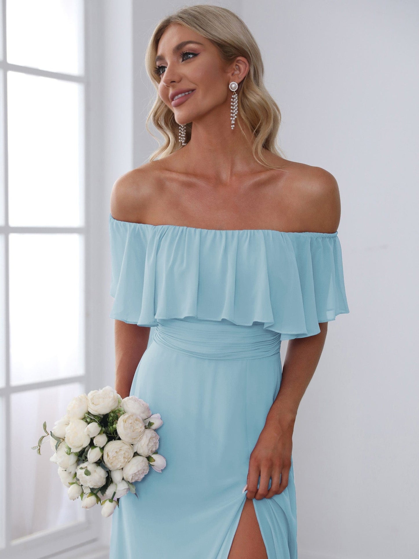 Ruffle Off-Shoulder Side Slit Long Chiffon Bridesmaid Dress #Color_Sky Blue