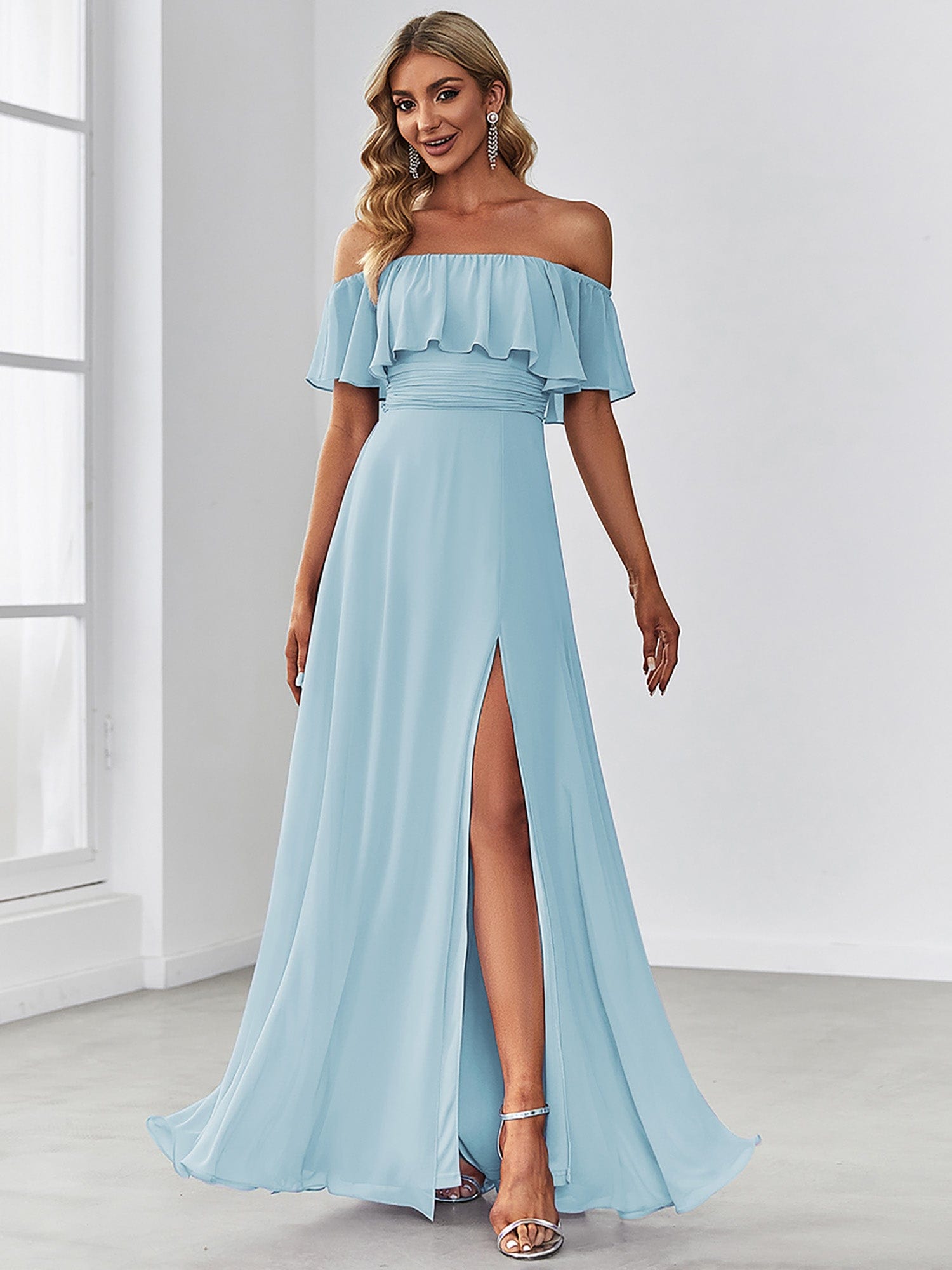 Ruffle Off-Shoulder Side Slit Long Chiffon Bridesmaid Dress #Color_Sky Blue