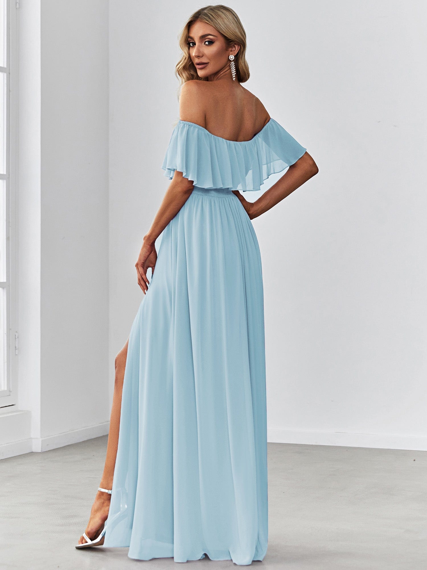 Ruffle Off-Shoulder Side Slit Long Chiffon Bridesmaid Dress #Color_Sky Blue