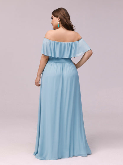 Ruffle Off-Shoulder Side Slit Long Chiffon Bridesmaid Dress #Color_Sky Blue