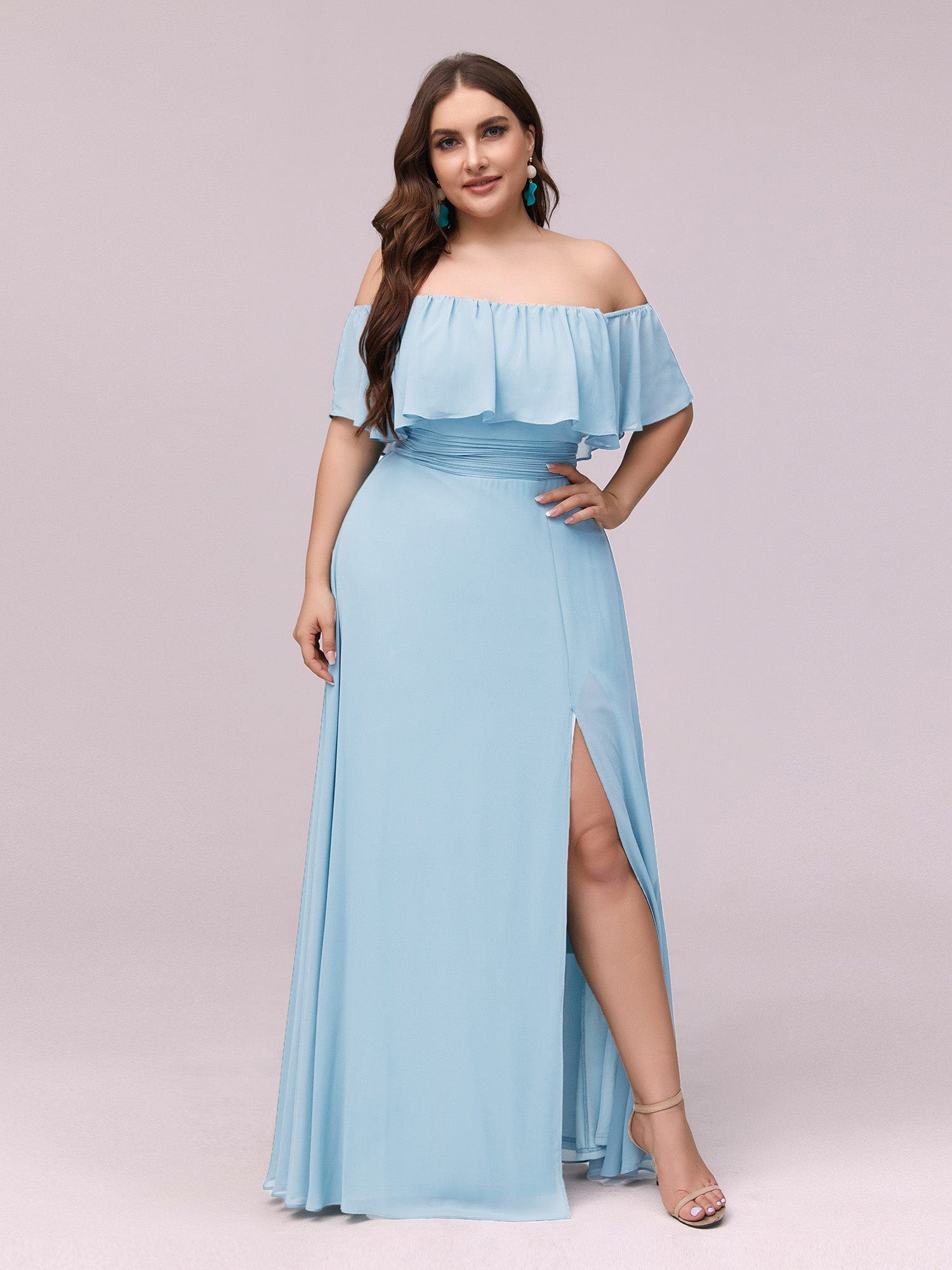 Ruffle Off-Shoulder Side Slit Long Chiffon Bridesmaid Dress #Color_Sky Blue