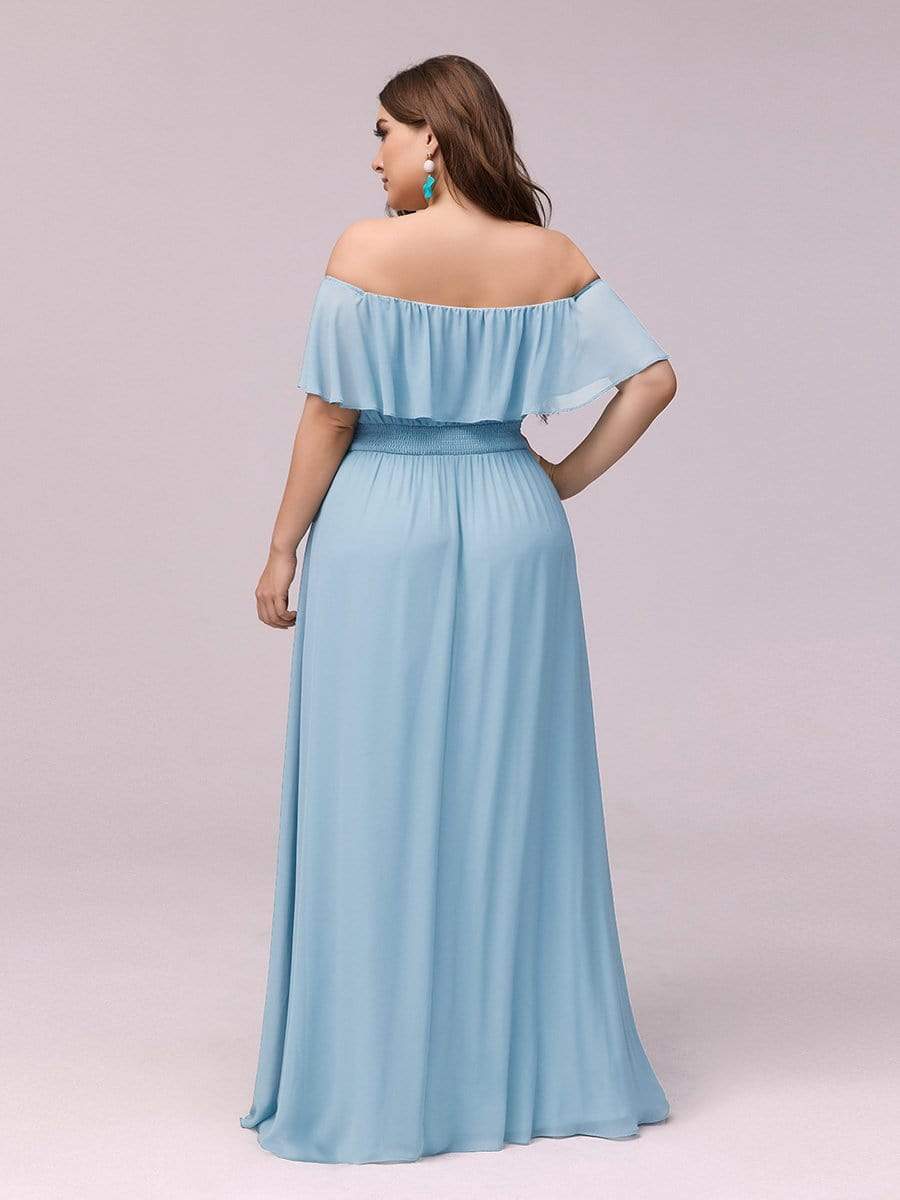 Women's Off Shoulder Ruffle Thigh Split Bridesmaid Dresses #Color_Sky Blue