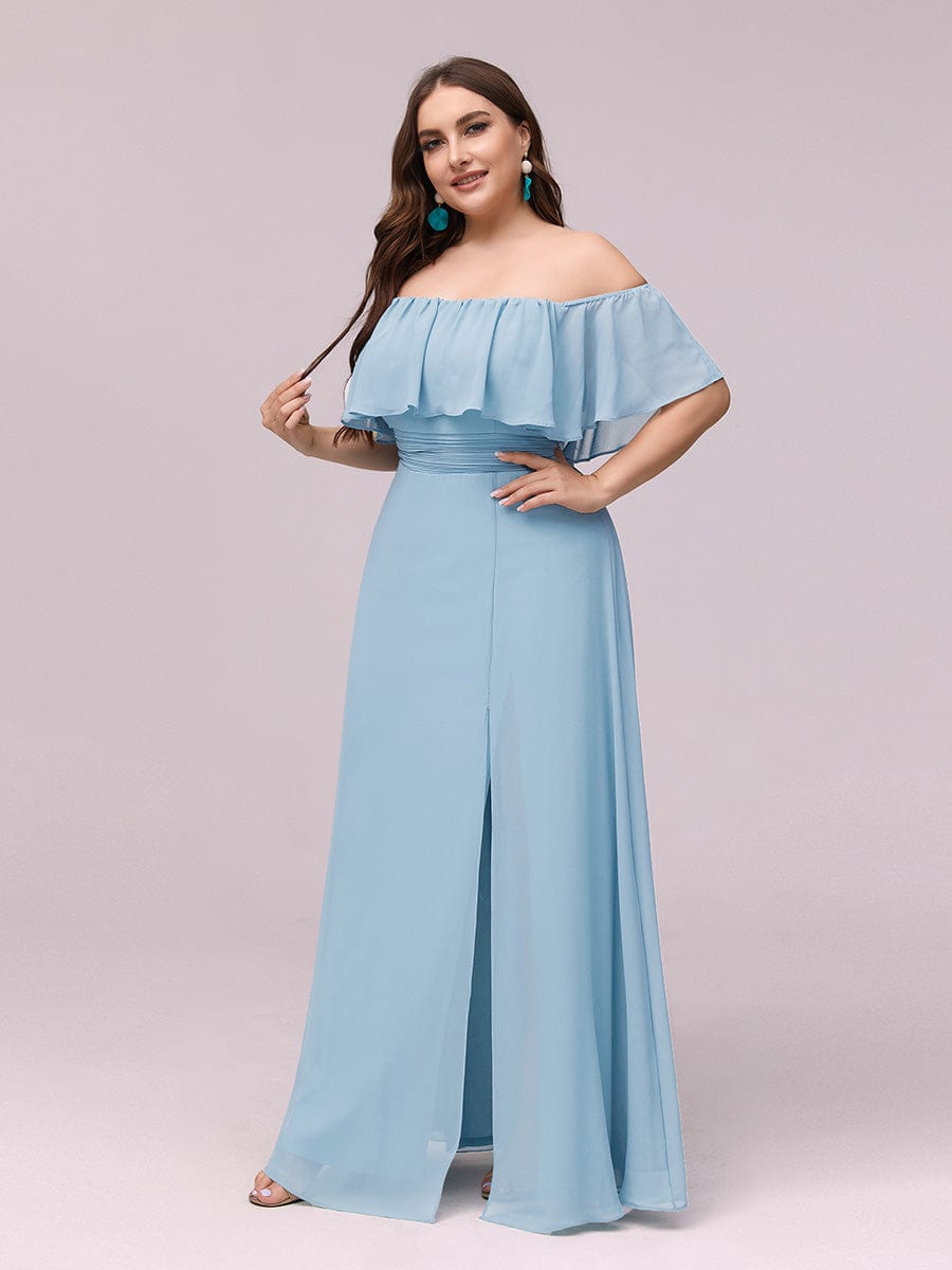 Custom Size Chiffon Ruffle Off Shoulder Thigh Split Bridesmaid Dresses #color_Sky Blue