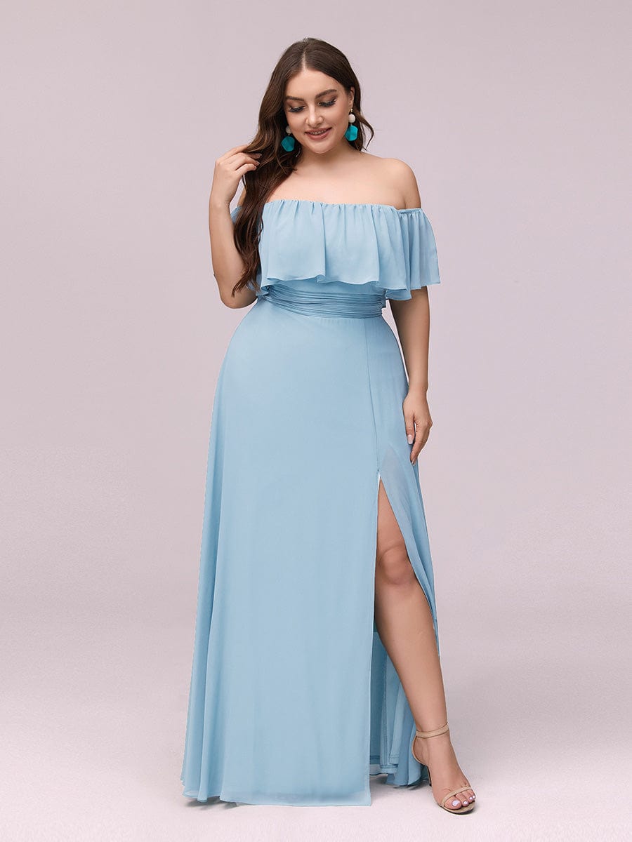 Custom Size Chiffon Ruffle Off Shoulder Thigh Split Bridesmaid Dresses #color_Sky Blue