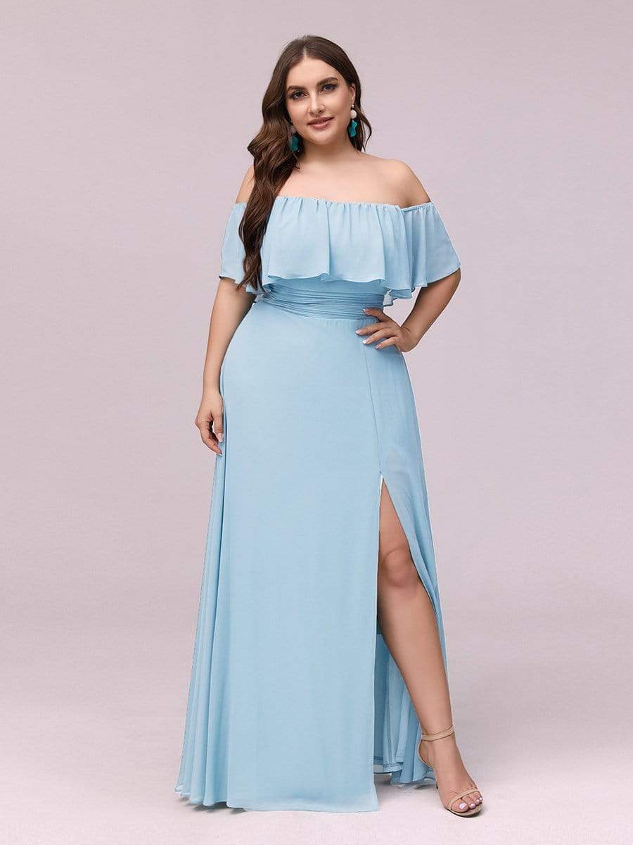 Women's Off Shoulder Ruffle Thigh Split Bridesmaid Dresses #Color_Sky Blue