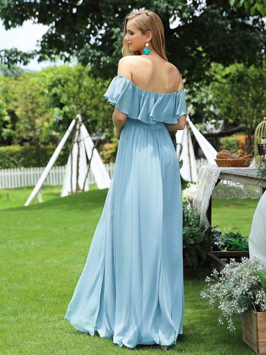 Women's Off Shoulder Ruffle Thigh Split Bridesmaid Dresses #Color_Sky Blue