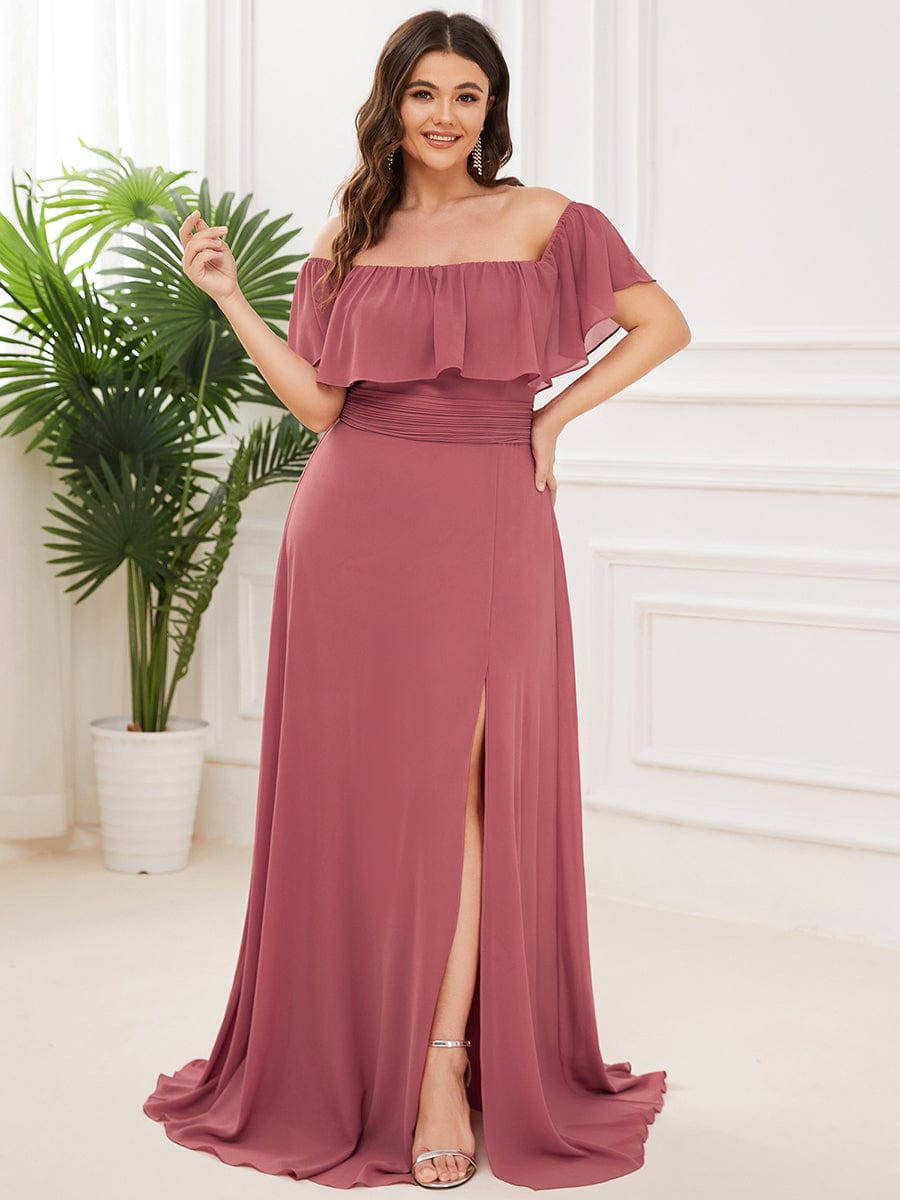 Ruffle Off-Shoulder Side Slit Long Chiffon Bridesmaid Dress #Color_Cameo Brown